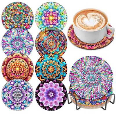 #ad 8 Pcs Diamond Art Painting Coasters with Holder DIY Boho Mandala Datura Flower $26.31