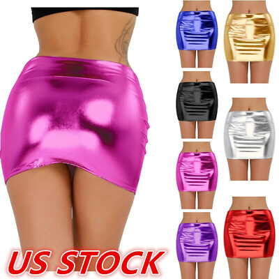 #ad US Women#x27;s PVC Leather Mini Skirt Metallic Wet Look Short Bodycon Skirt Clubwear $8.27