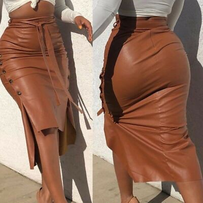 #ad #ad Leather Skirt Women#x27;s Split Slim Mid Length Package Hip Skirt Pu Skirt $26.66