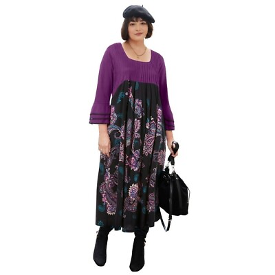 Soft Focus Dress Womens 18 20 Purple Black Floral Maxi 3 4 Bell Sleeve Pockets $34.95