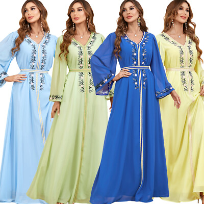 #ad Muslim Women Embroidery Abaya Long Sleeve Maxi Dress Kaftan Robe Turkey Gown $41.51