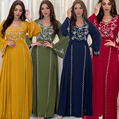 #ad Muslim Islamic Women Party Long Dress Elegant Embroidery Dubai Abaya Kaftan Gown $47.52