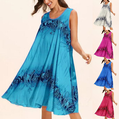 #ad PLUS SIZE Womens BOHO Summer Sleeveless Strappy Tank Dress Casual Beach Sundress $22.60