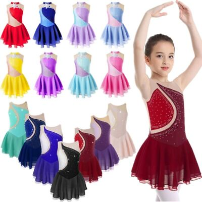 #ad US Girl Sequins Ballet Figure Ice Skating Dress Kids Floral Printed Tutu Skirted $13.42