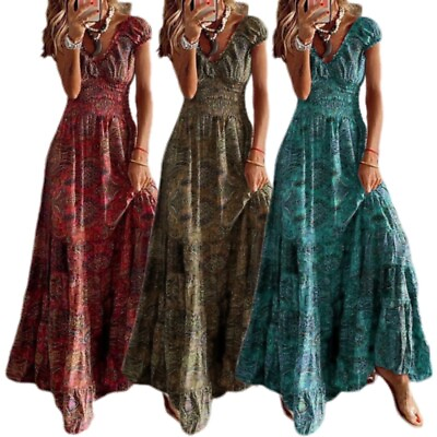 Bohemia Short Sleeve Long Dress Ruched Floral Printing Maxi for Women Beach Wear $20.42