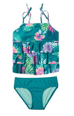 #ad Justice Girls Tankini Swimsuit 2 Piece Teal Size 7 8 Floral Ruffles Logo $21.99