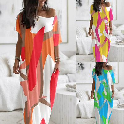 #ad Women Off Shoulder Tie Dye Maxi Dress Summer Holiday Loose Kaftan Long Sundress $20.89