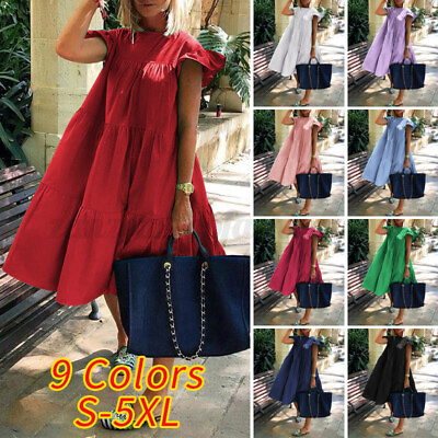 #ad Fashion Women Summer Short Sleeve Party Casual Loose Baggy Midi Dress Sundress $17.62