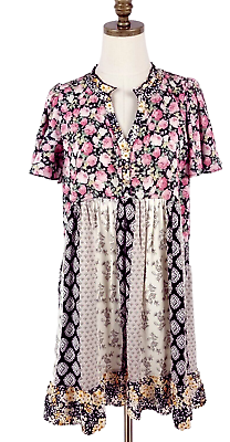 #ad Umgee Womens Size M Floral Short Sleeve BoHo Dress Ruffle Hem Multi Media $16.20