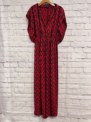 #ad #ad Moda International Size Medium Red Maxi Boho Dress Short Sleeve V Neck Stretch $25.00