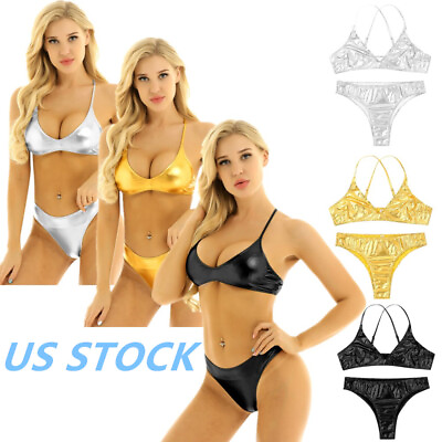 #ad US Womens Shiny PVC Leather Bikini Set Bathing Suit Crop Top with Thong Briefs $3.99