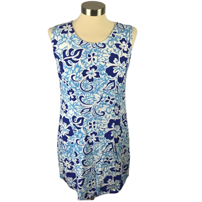 #ad Hula Bay Womens Hawaiian M Blue Floral Swim Cover Up Dress Sleevless $15.30