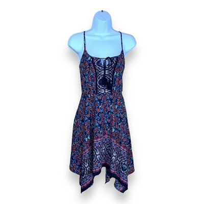 #ad XS BLUE BOHO BLUE RED SLEEVELESS DRESS FLORAL ALINE COLORFUL $13.99