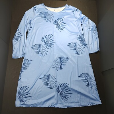 #ad Blue Long Sleeve Palm Leave Print Round Neck Shift Dress Women Plus Size 5X $8.40