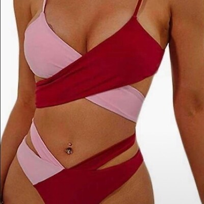 #ad Unbranded Pink Red 2 piece thong bikini set. Sz Large. New stretch $14.99