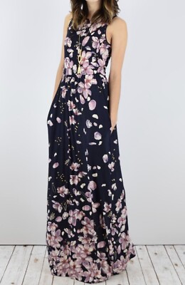 Eloges Navy Floral Pocket Long Maxi Dress Large $39.99