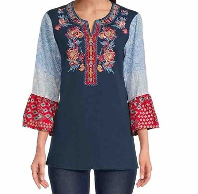 #ad Sz 1X Calessa Woven Embroidered 3 4 Boho Flare Sleeve Blouse Womens Pheasant $24.50