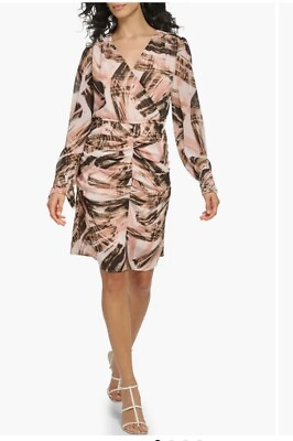 #ad DKNY Ivry Gold Sand 14 Chiffon Vneck Party Dress Long Sleeve Ruched Print $139￼ $99.00