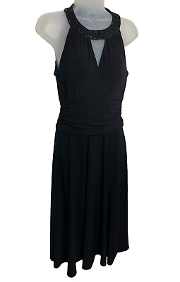 Jessica Howard Black Cocktail Midi Dress Halter Beaded Neck Ruched Waist Size 8 $18.74