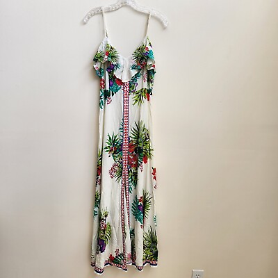 #ad Flying Tomato Dress Womens M White Floral Front Slit Maxi Tropical Resort V Neck $29.94