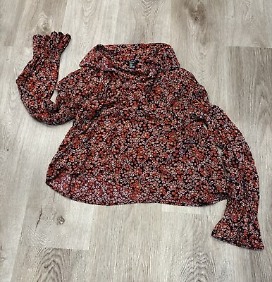 #ad forever 21 Top Floral Orange Brown Buttoned With Fluted Sleeves $12.00