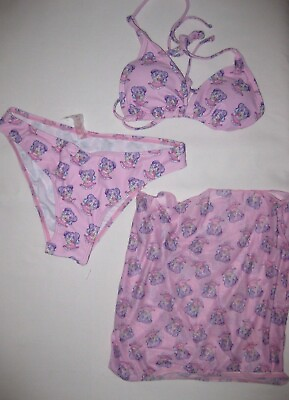 #ad Romwe kawaii anime girl print 3pc bikini swimsuitcoverup skirt S M pastel pink $17.50