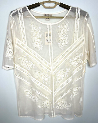 Lucky Brand Women#x27;s Embroidered Floral Lace Boho Tunic Blouse Top RN #80318 NWT $49.95