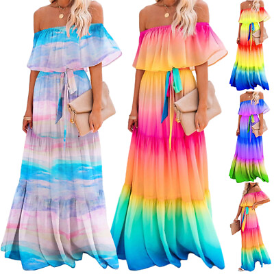 #ad Women Summer Boho Ruffle Off Shoulder Dress Print Long Maxi Dress Holiday Party $30.98