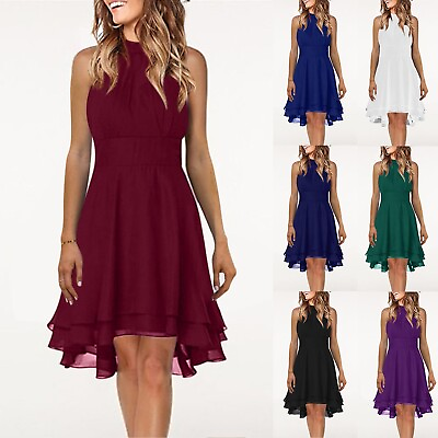 #ad Womens Summer Halter Neck Sleeveless Chiffon A Line Dress Casual Party Dresses $25.90