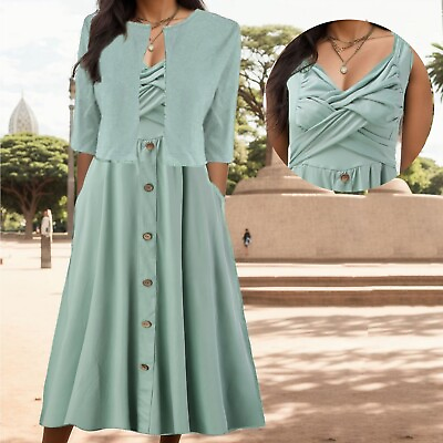 #ad Women#x27;s Summer Casual Solid Color High Waist Short Sleeved Cocktail Dress Summer $35.03