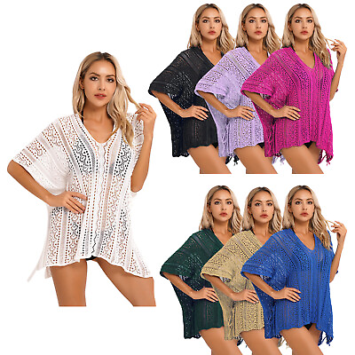 #ad Women Hollow Out Crochet Beach Swimsuit Bikini Cover Ups Beach Sun Protection $17.66