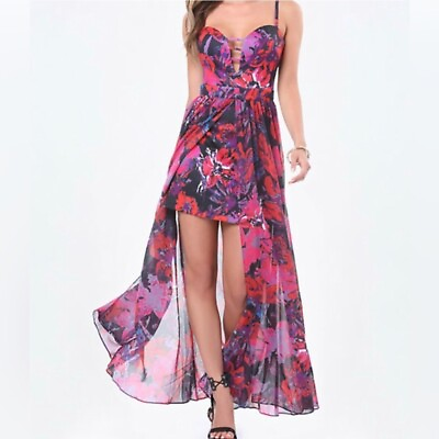 #ad Bebe Floral Maxi Dress size: 0 2 XS Scuba mini dress w maxi overlay $50.00
