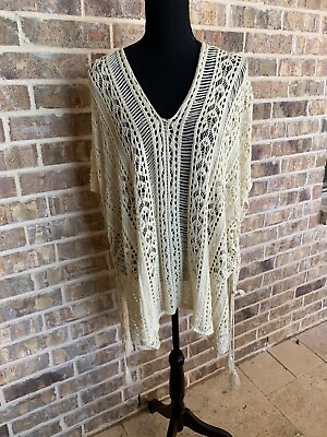 #ad Crochet knitted coverup sleeveless v neck open drawstring sides cream color $5.39