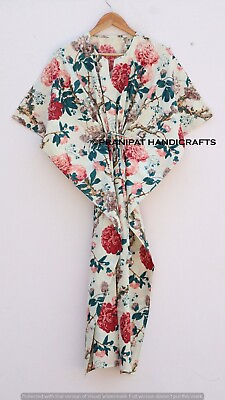 #ad #ad Women Summer Cotton Hippie Floral Print White Long Maxi Sleepwear Caftan Dress $22.55