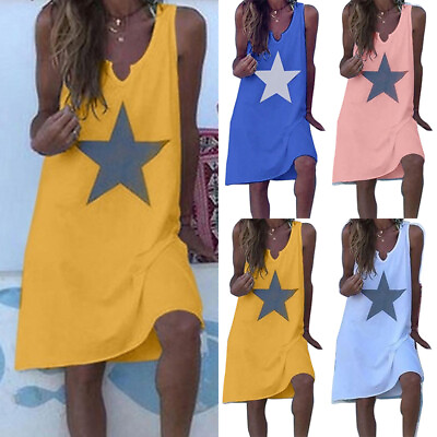 Dress A Line Tank Dress Midi Sundress Plus Size Women Star Summer Sleeveless $12.85