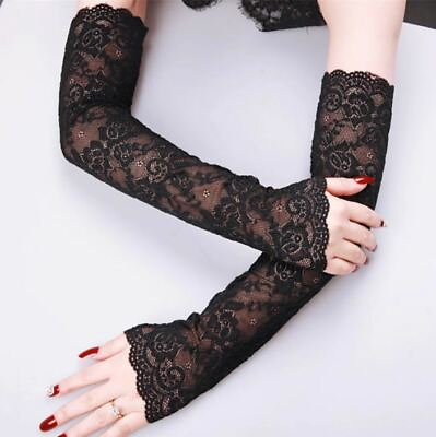 #ad Extra Long Fingerless Gloves Lace Opera Stretch One Size $4.99