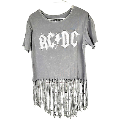 #ad ACDC Cropped Crew Neck Short Sleeve Fringe Hem Gray T Shirt Boho Medium $21.04