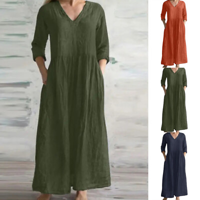 #ad Baggy Long Dress Maxi Dress Sundress Casual Linen Cotton V Neck Women $19.84