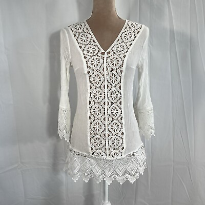 #ad Shoreline Top S M White Lace Embroidered Sheer Coverup Beach Tunic boho $15.98