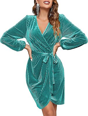 #ad MEROKEETY Women#x27;s 2023 Long Sleeve Wrap Velvet Mini Dress Sexy V Neck Cocktail P $113.58
