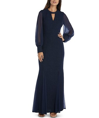 #ad NW Nightway Sheer Long Sleeve Keyhole Navy Blue Dress Long Gown Size 8 NWT $30.00