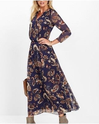 #ad Womens Plus Sze Boho Floral Elastic Waist Paisley Print Navy Brown Maxi Dress 18 $29.99