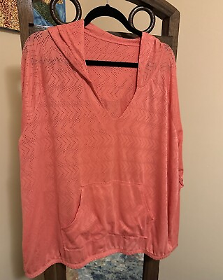 #ad Semi Sheer Hooded Cover Up With Front Pocket And Gathered Hem $8.00