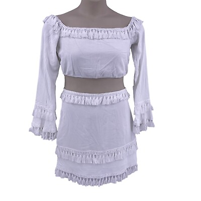 Shein Womens 2 pc Crop Top and Skirt Set White Size Large Long Sleeve Fringes $12.99