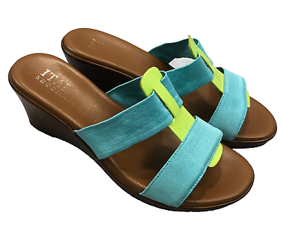 #ad Italian Shoemakers Womens 7.5 B Blue Satin Green Patent Wedge Hippie Boho Shoes $24.55