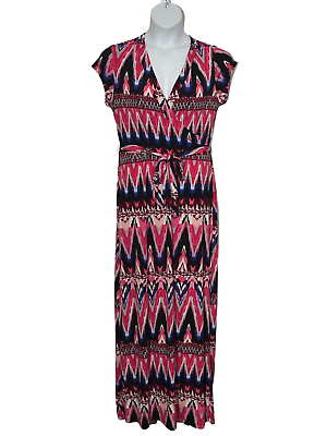 #ad Women#x27;s size 16 pink multi colored print long maxi A line cross front dress $13.00