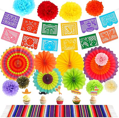 #ad Mexican Themed Party Decorations Set Banner Table Runner Paper Fan Cinco de Mayo $9.86