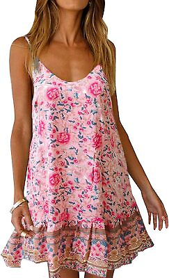 #ad Qearal Womens Boho Floral Printed Dress Summer Sleeveless Adjustable Strap Beach $62.98