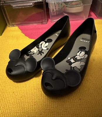 #ad Melissa x Mickey Minnie Mouse Black Flats Shoes Women’s 7 EU 38 Disney parks $38.00