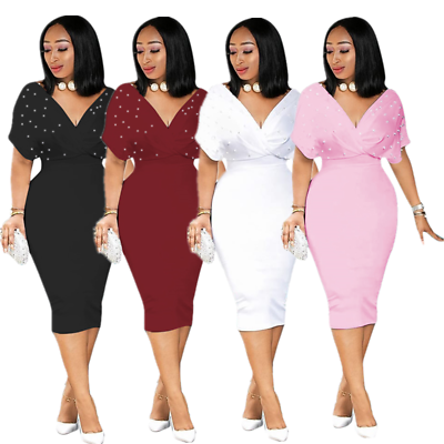 #ad Women V Neck Beaded Solid Bodycon Dress Party Evening Cocktail Dresses Club Wear $15.19
